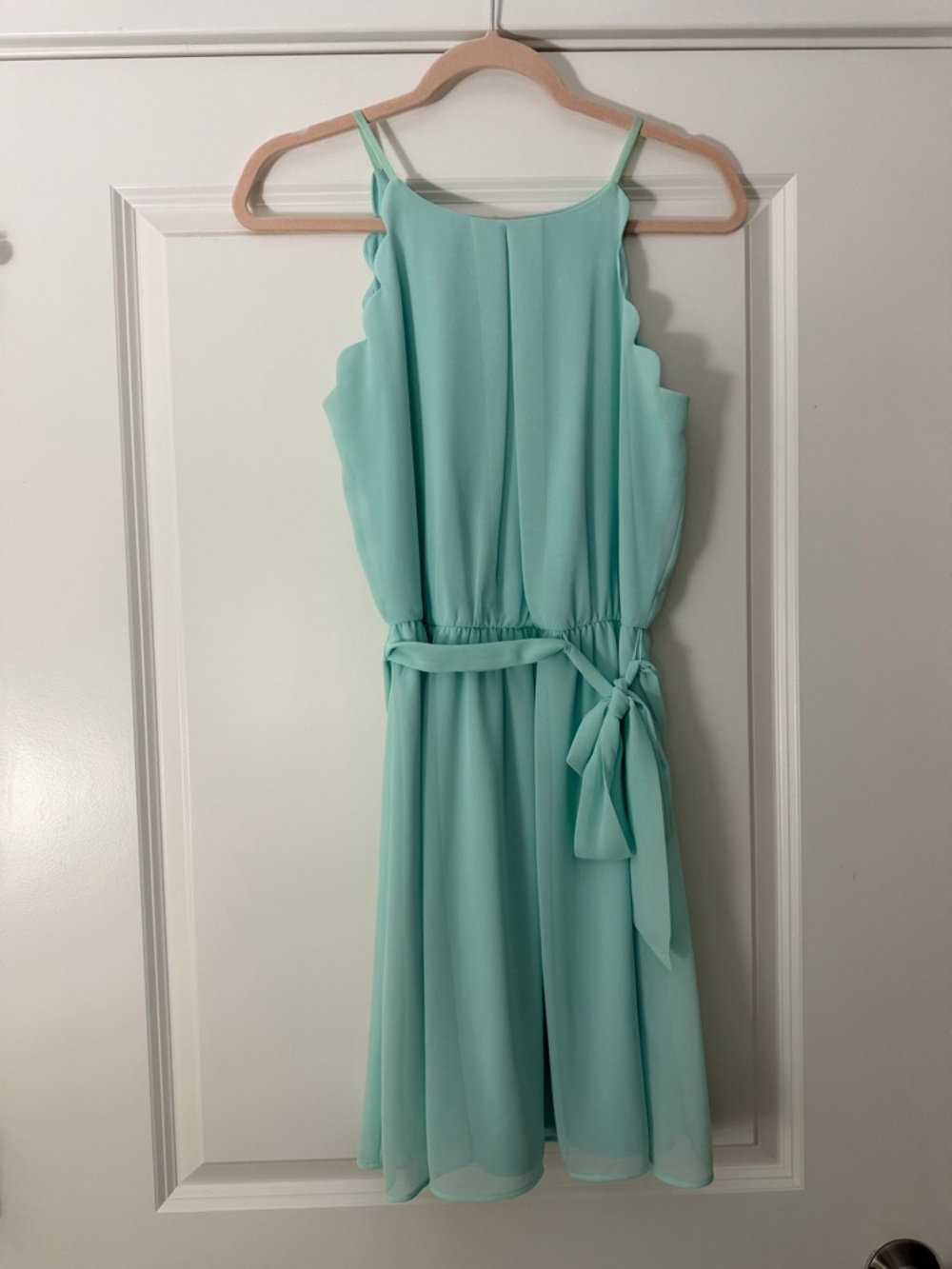 Sleeveless Mint Scallop Waist Tie Dress